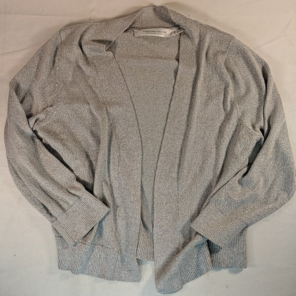 Contemporaine Simons Silver Glitter Cardigan Sweater Women Small S Lurex Grey